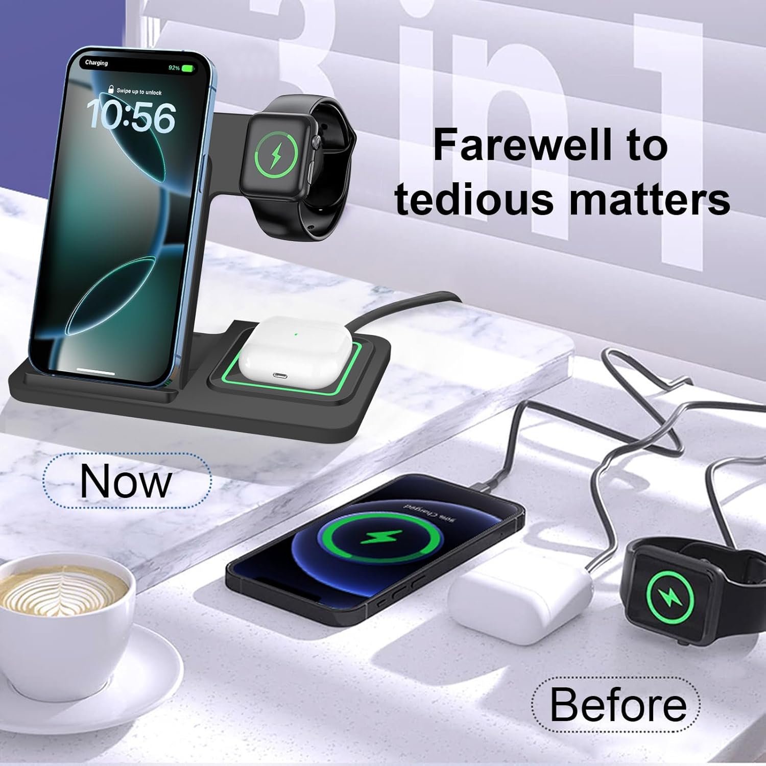 ⚡ 3-in-1 Foldable Wireless Charging Station – Fast 15W Charger for Phone, Watch & Earbuds