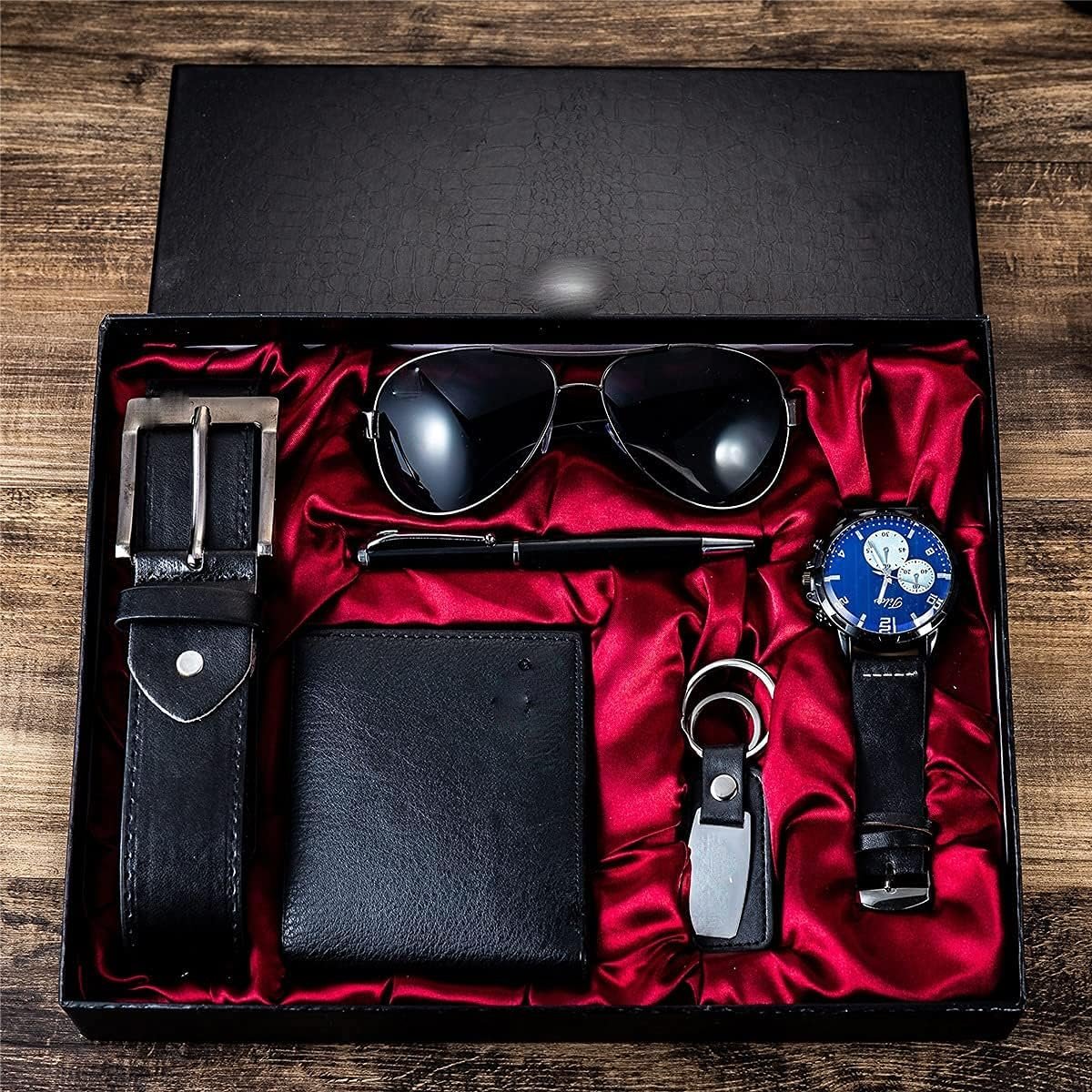 6 in 1 Luxury Gift Set for Men: Watch, Glasses, Pen, Keychain, Belt and Handbag