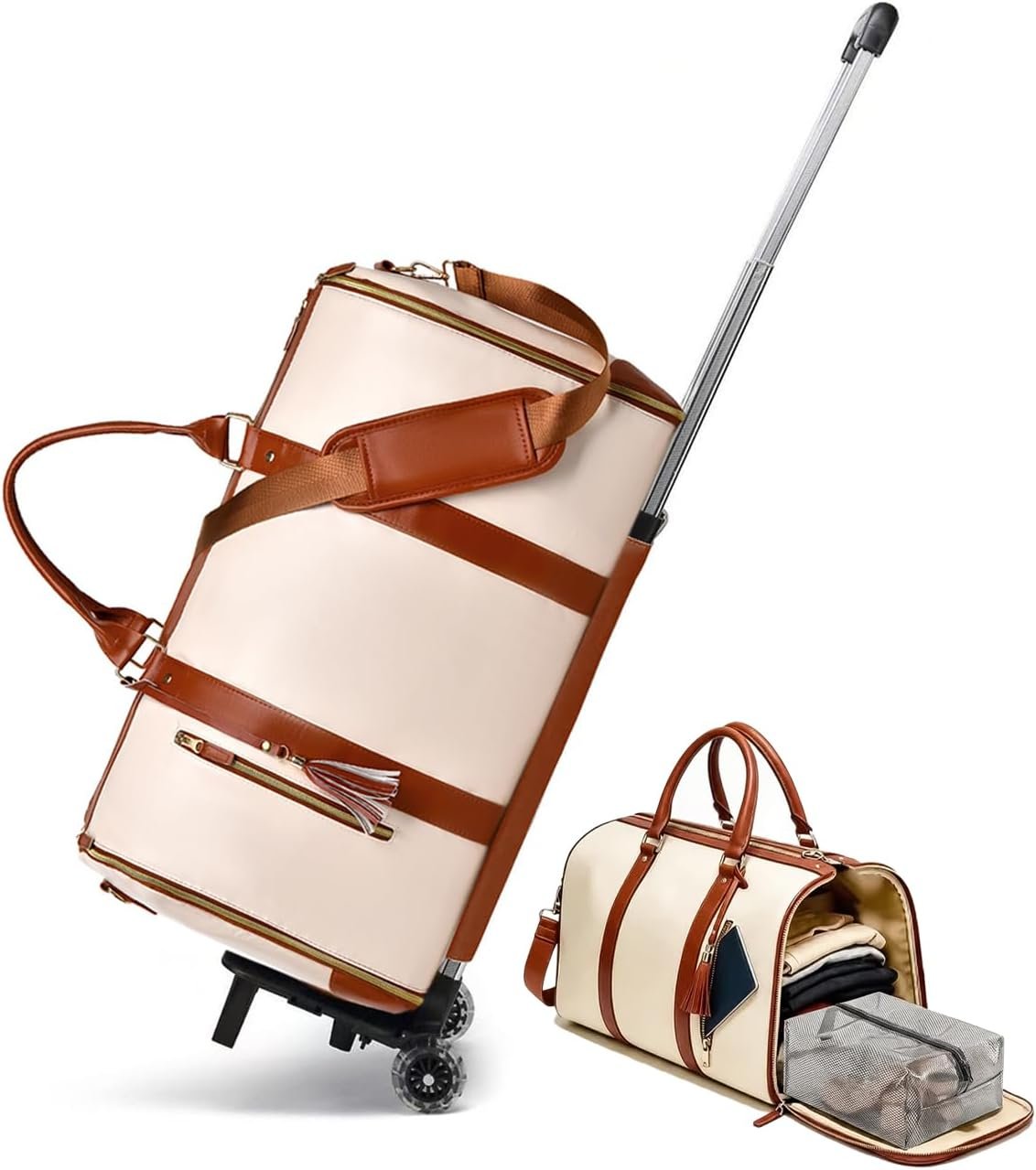 Travel Garment Luggage Duffle Bag with Wheels , Waterproof Beige