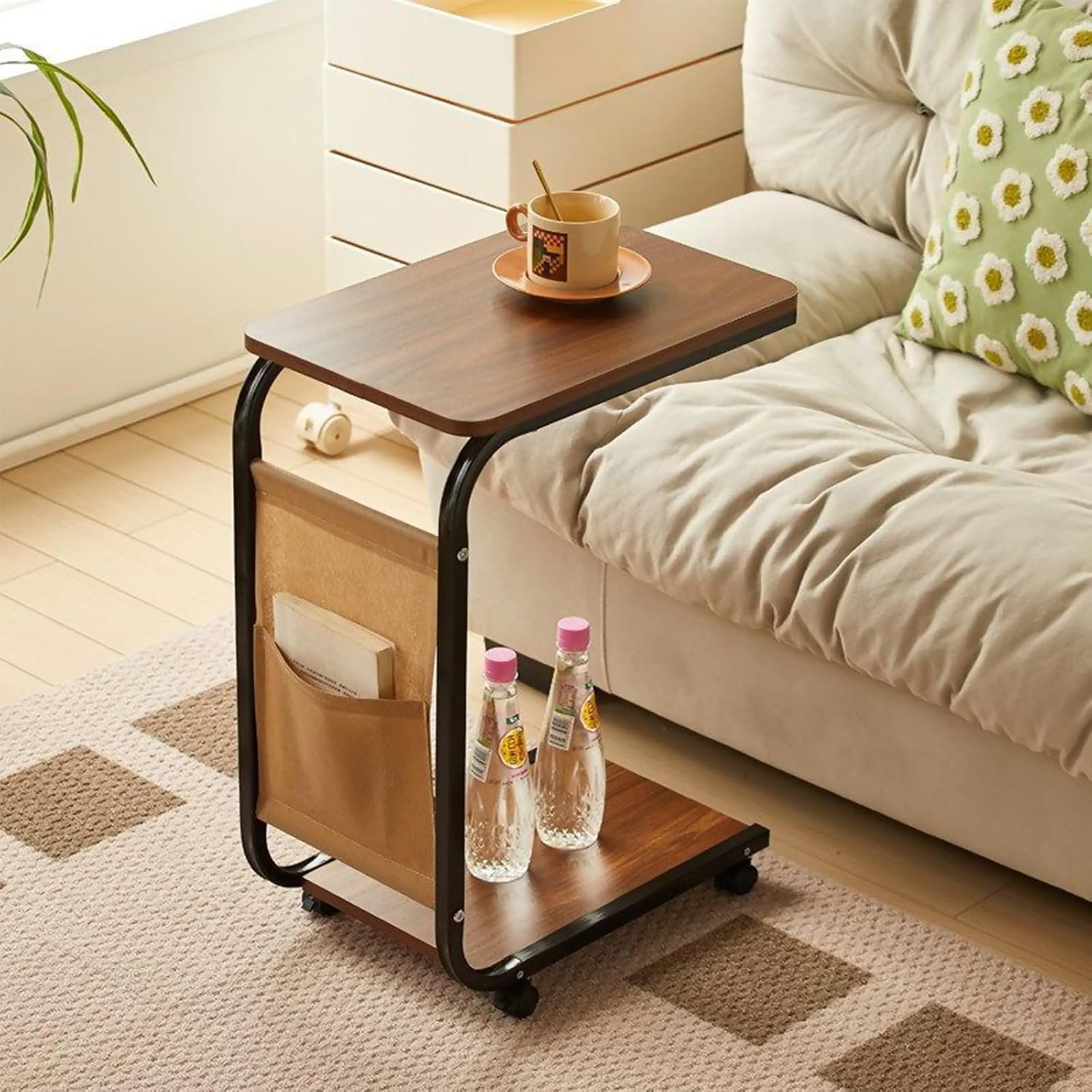 C-shaped mobile side table with a wood-grain top and bottom shelf